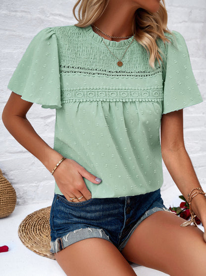 Women's elegant solid color short-sleeved lace blouse