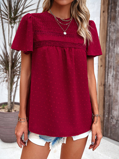 Women's elegant solid color short-sleeved lace blouse