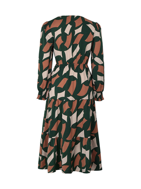 Women's New Long Sleeve Geometric Print V-Neck Midi Dress