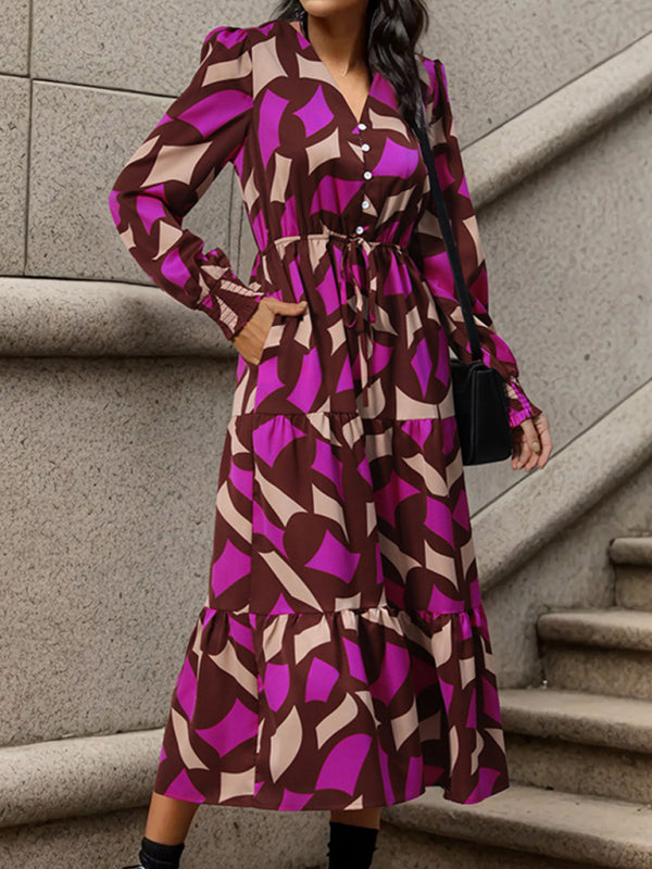 Women's New Long Sleeve Geometric Print V-Neck Midi Dress