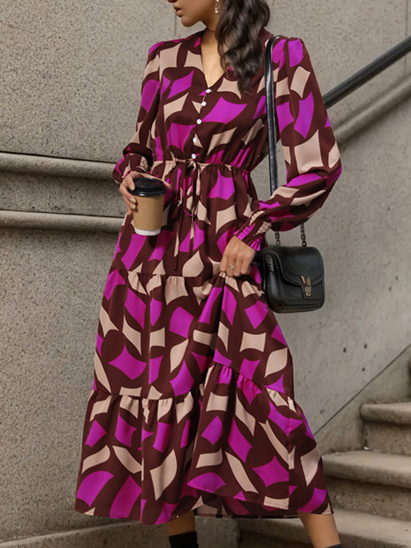 Women's New Long Sleeve Geometric Print V-Neck Midi Dress