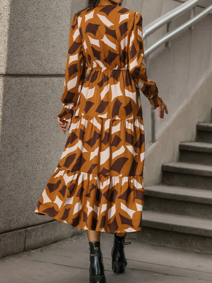 Women's New Long Sleeve Geometric Print V-Neck Midi Dress