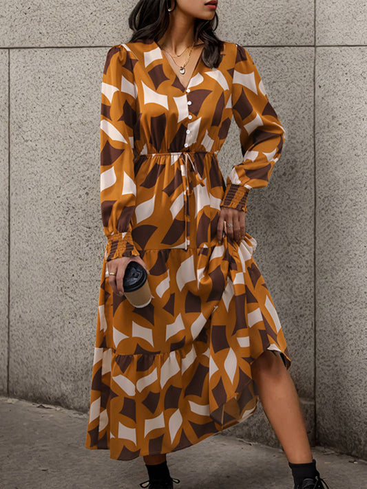 Women's New Long Sleeve Geometric Print V-Neck Midi Dress