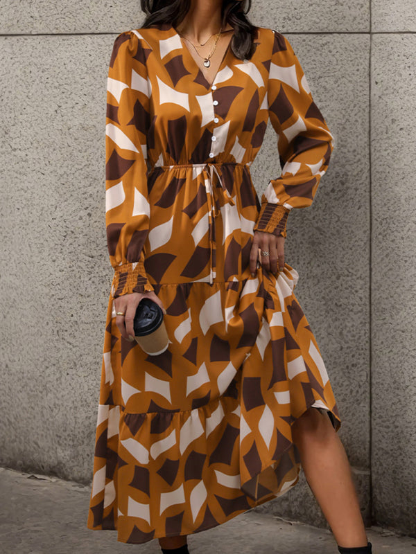 Women's New Long Sleeve Geometric Print V-Neck Midi Dress