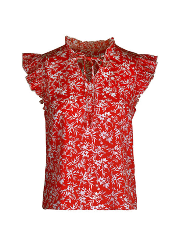 Women's New Red Printed Ruffled Short Sleeve Shirt