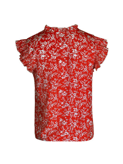 Women's New Red Printed Ruffled Short Sleeve Shirt