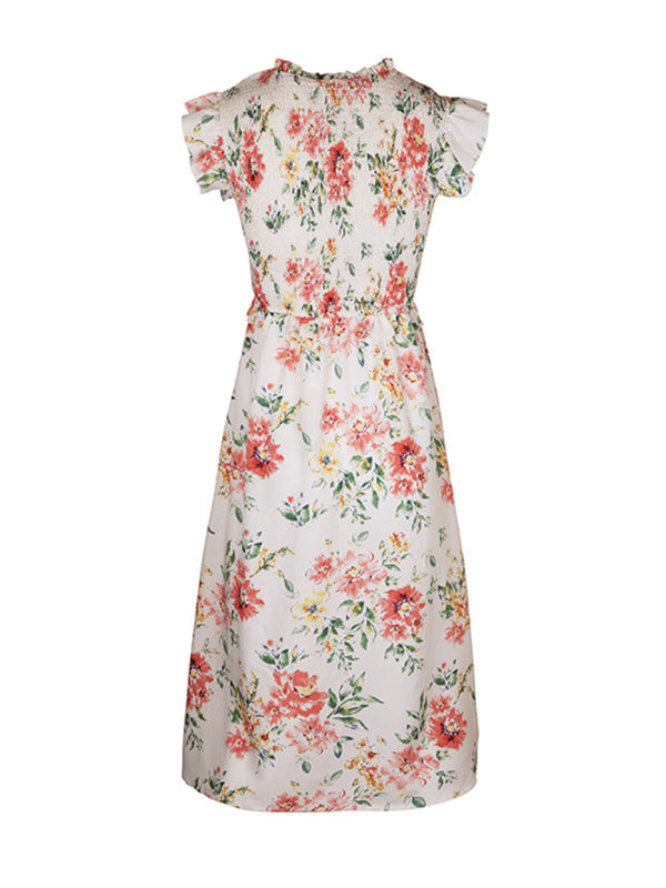 Women's new ruffled sleeveless white printed dress