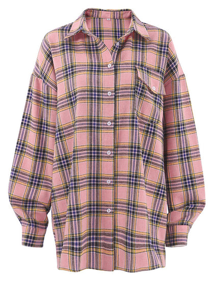 Women's new retro classic plaid lapel long-sleeved shirt