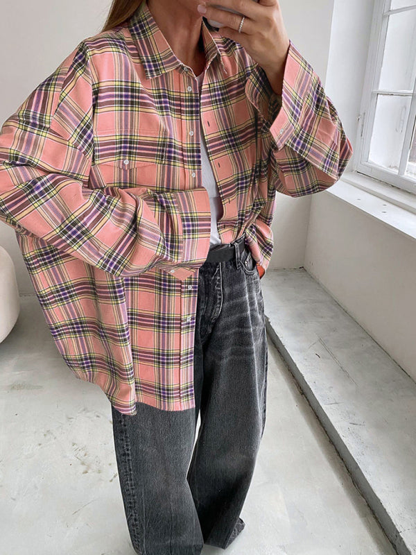 Women's new retro classic plaid lapel long-sleeved shirt