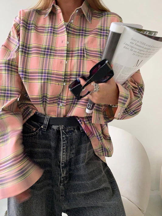 Women's new retro classic plaid lapel long-sleeved shirt