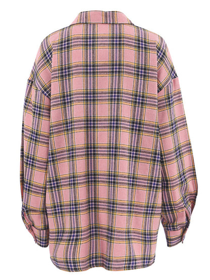 Women's new retro classic plaid lapel long-sleeved shirt