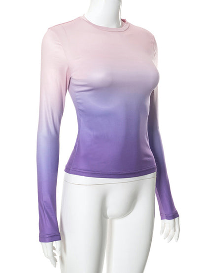 Gradient Round Neck Long Sleeve Basic Top