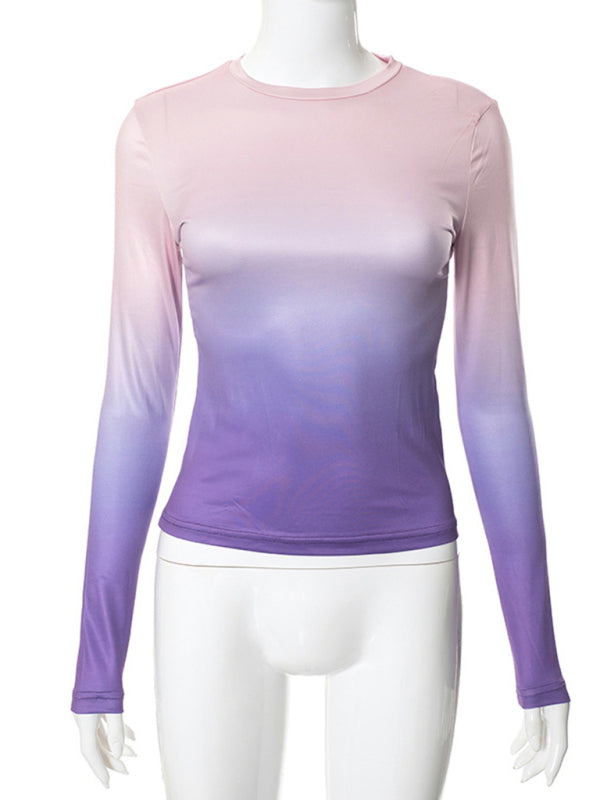 Gradient Round Neck Long Sleeve Basic Top