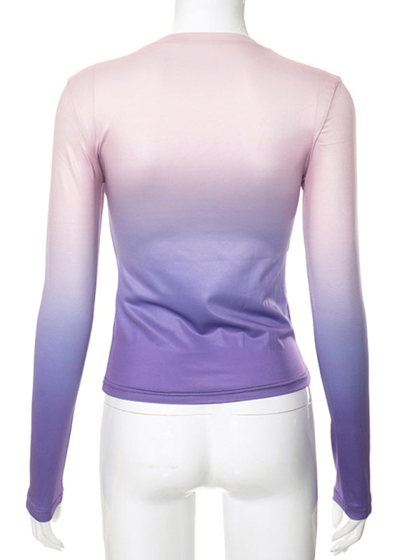 Gradient Round Neck Long Sleeve Basic Top