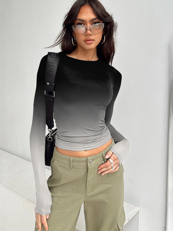 Gradient Round Neck Long Sleeve Basic Top