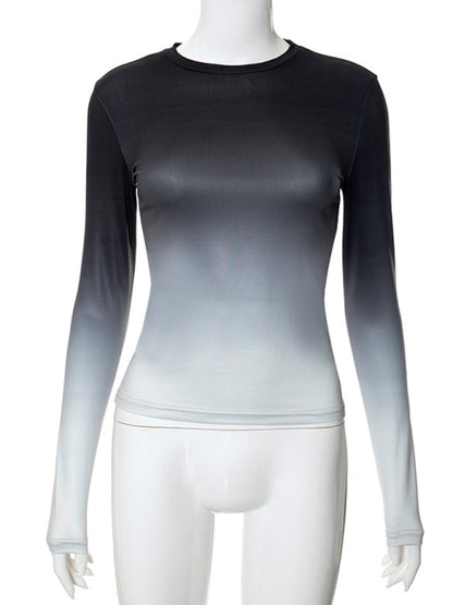 Gradient Round Neck Long Sleeve Basic Top