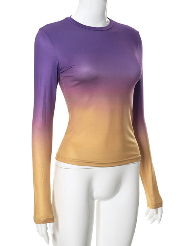 Gradient Round Neck Long Sleeve Basic Top