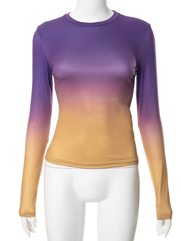 Gradient Round Neck Long Sleeve Basic Top