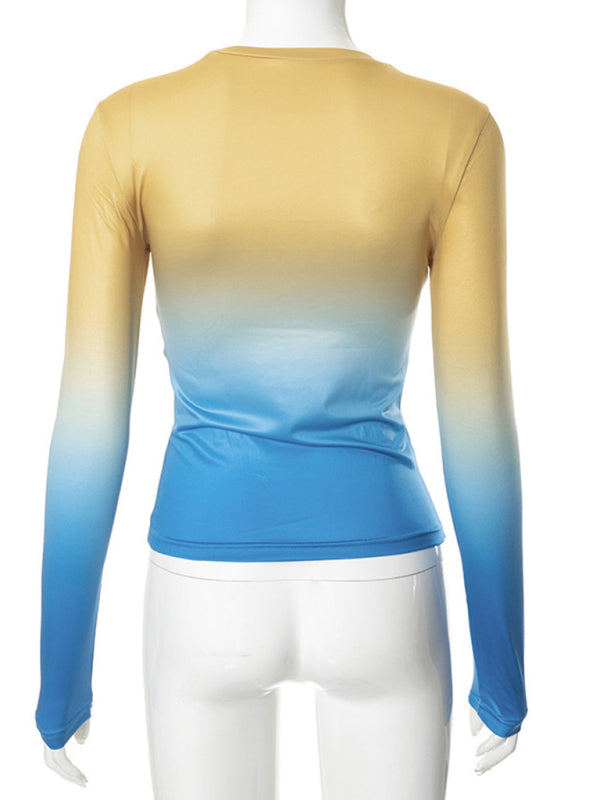 Gradient Round Neck Long Sleeve Basic Top