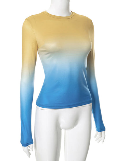 Gradient Round Neck Long Sleeve Basic Top