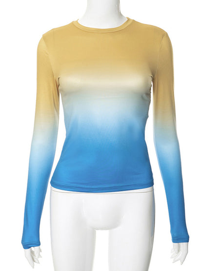 Gradient Round Neck Long Sleeve Basic Top