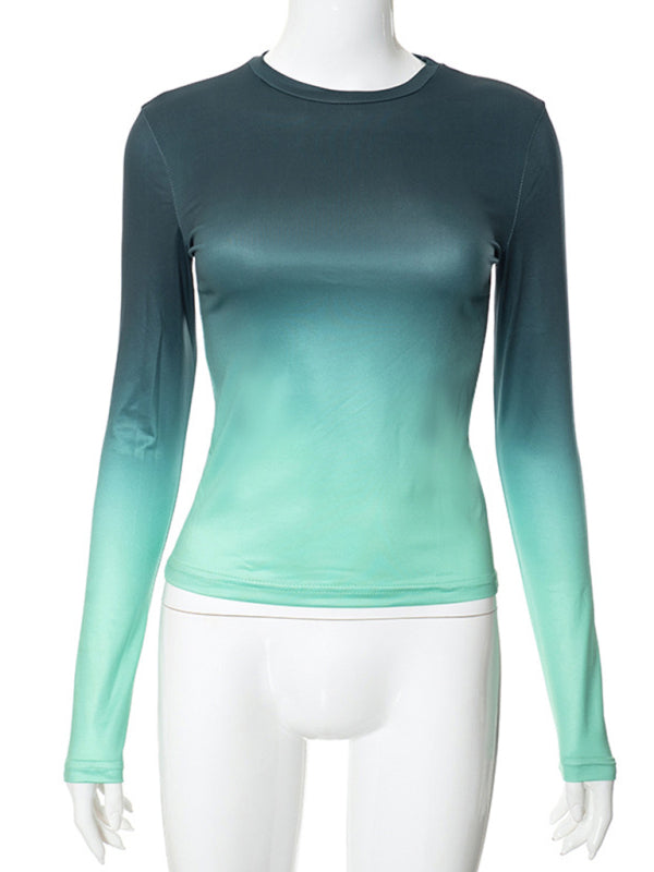 Gradient Round Neck Long Sleeve Basic Top