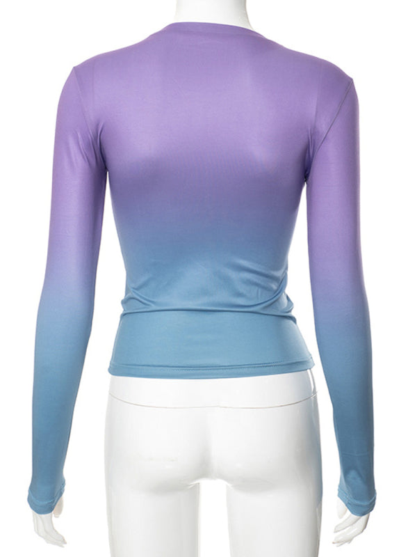 Gradient Round Neck Long Sleeve Basic Top