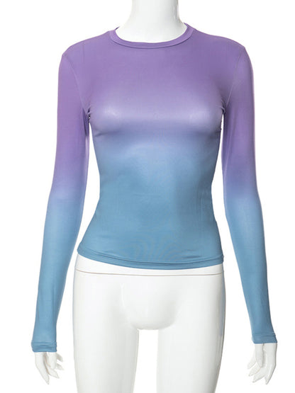 Gradient Round Neck Long Sleeve Basic Top