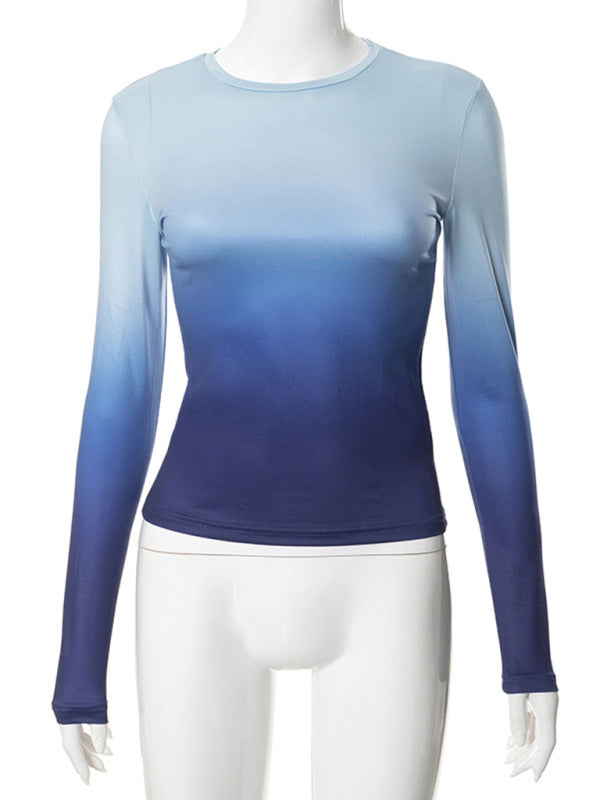 Gradient Round Neck Long Sleeve Basic Top