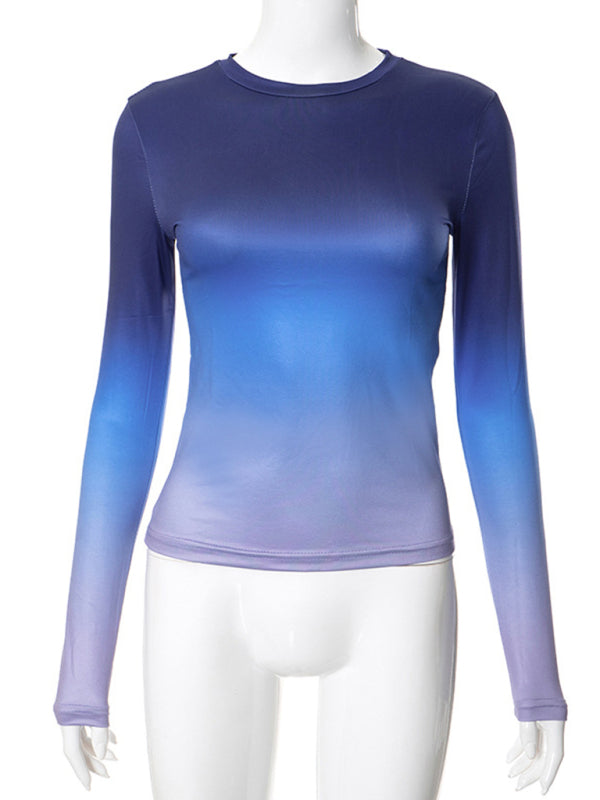 Gradient Round Neck Long Sleeve Basic Top