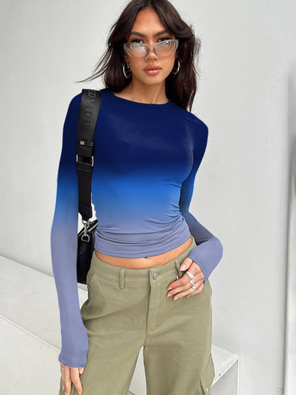 Gradient Round Neck Long Sleeve Basic Top