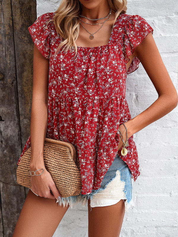 Women's elegant floral square neck ruffle top