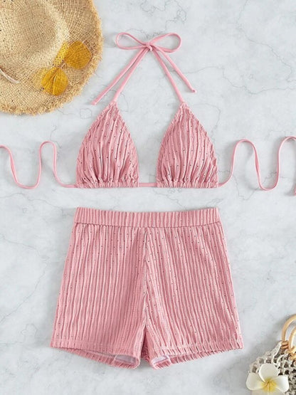 Feminine lace-up textured two-piece bikini