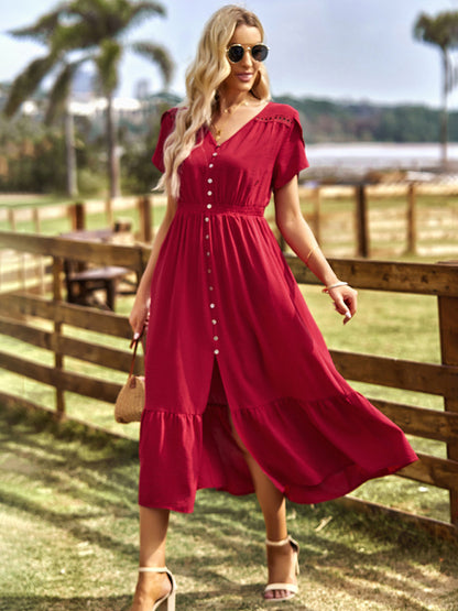 Women's new elegant V-neck solid color long skirt