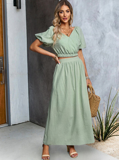 Women's new solid color V-neck short-sleeved top and skirt suit