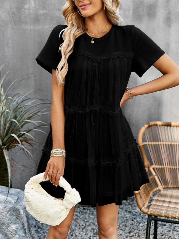 Women's new mesh splicing elegant round neck solid color dress