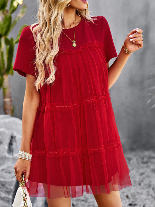 Women's new mesh splicing elegant round neck solid color dress