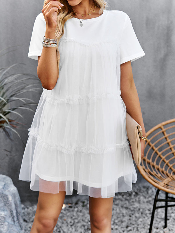 Women's new mesh splicing elegant round neck solid color dress