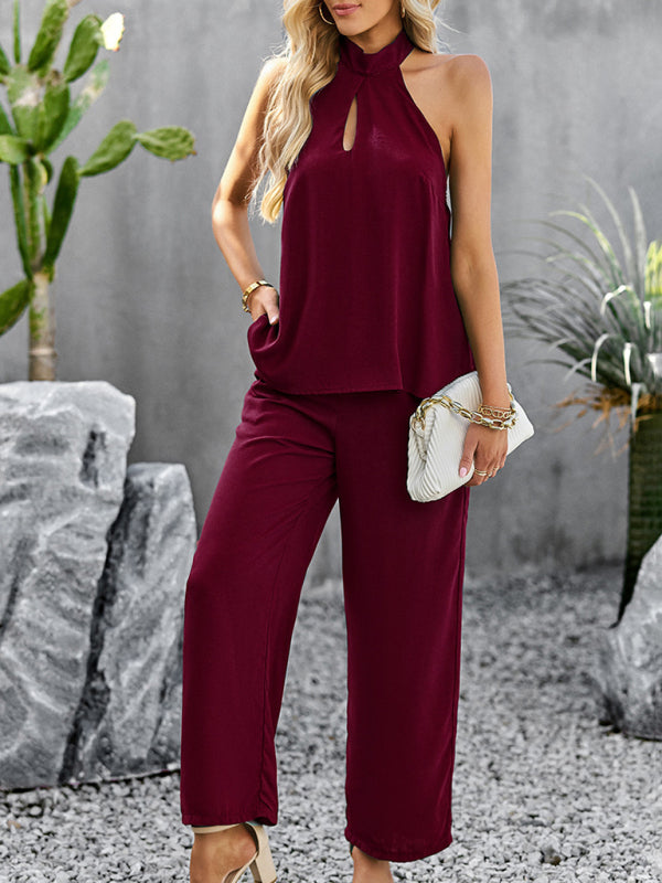 Women's new elegant and fashionable halterneck sleeveless tops and straight pants two-piece set