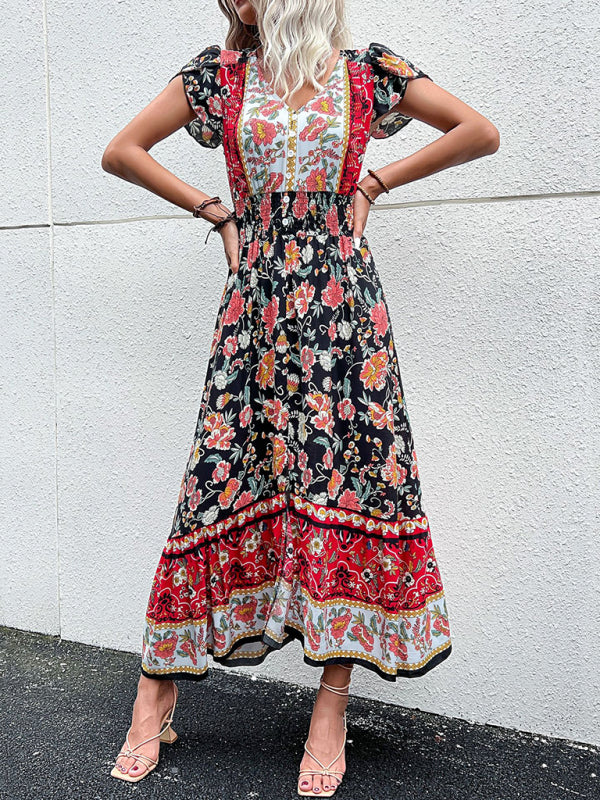 Women's new v-neck ethnic style printed slit dress