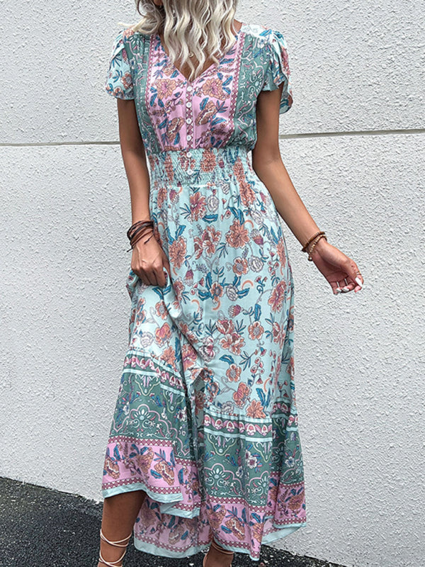 Women's new v-neck ethnic style printed slit dress