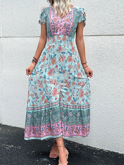 Women's new v-neck ethnic style printed slit dress