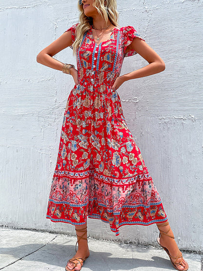 Women's new v-neck ethnic style printed slit dress