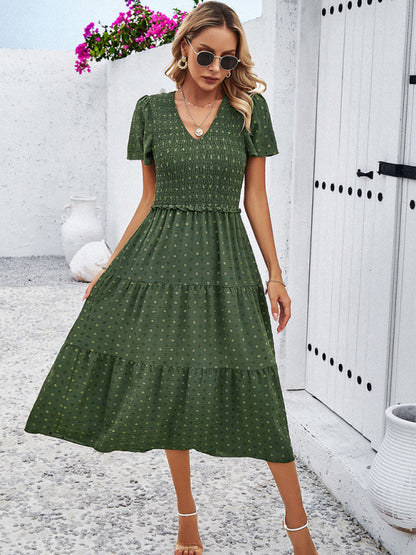 Women's casual solid color V-neck polka dot short-sleeved dress