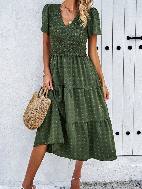 Women's casual solid color V-neck polka dot short-sleeved dress