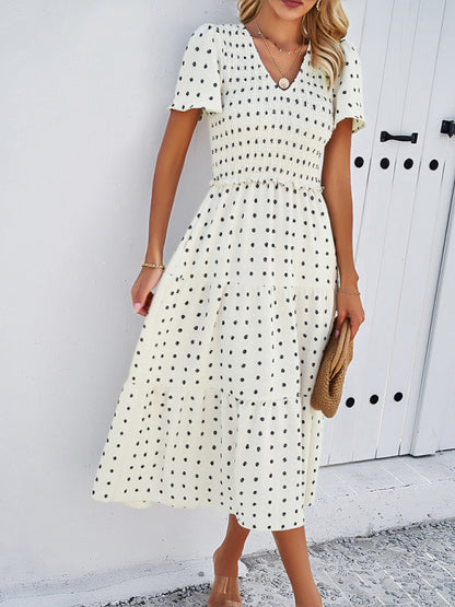 Women's casual solid color V-neck polka dot short-sleeved dress