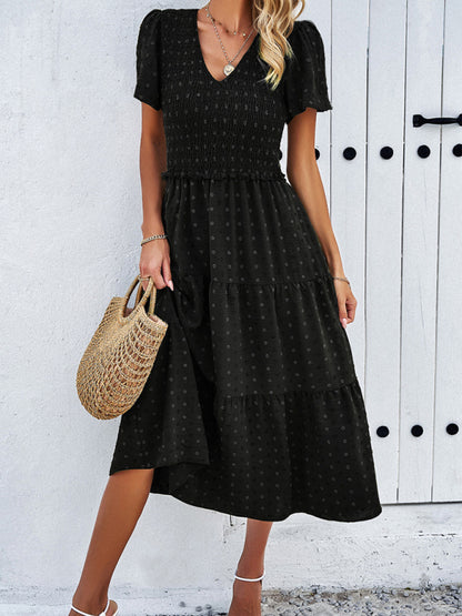 Women's casual solid color V-neck polka dot short-sleeved dress