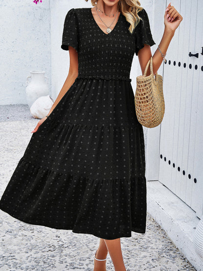 Women's casual solid color V-neck polka dot short-sleeved dress