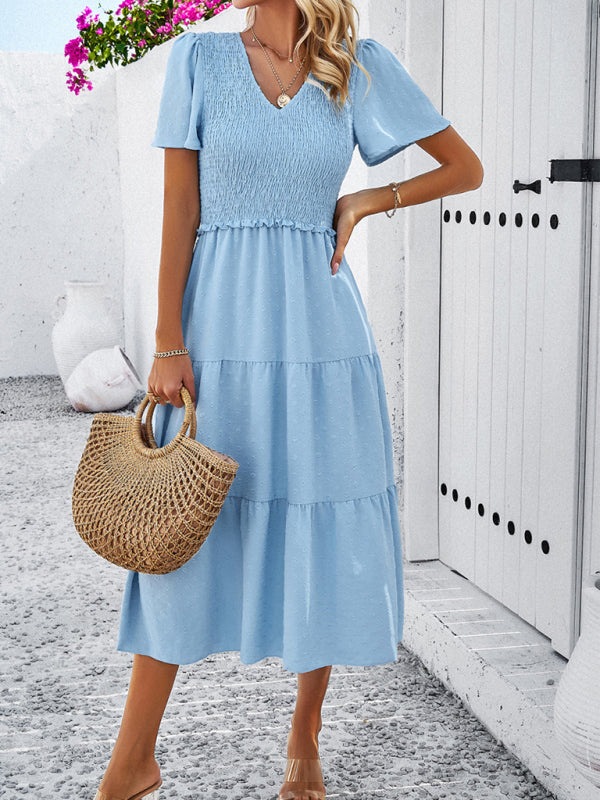 Women's casual solid color V-neck polka dot short-sleeved dress