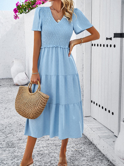 Women's casual solid color V-neck polka dot short-sleeved dress